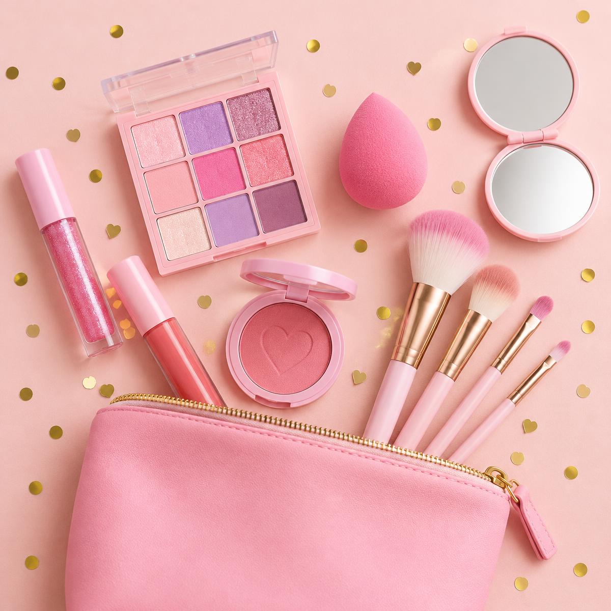 Take-home makeup pouch with lip gloss, palette, brushes and mirror