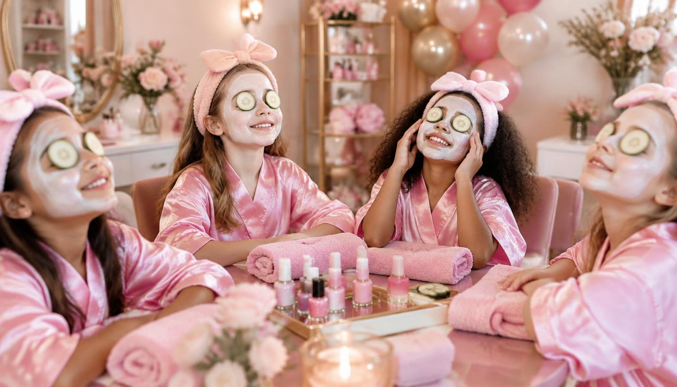 Girls in pink robes enjoying facials with cucumber eye pads at a kids' spa party